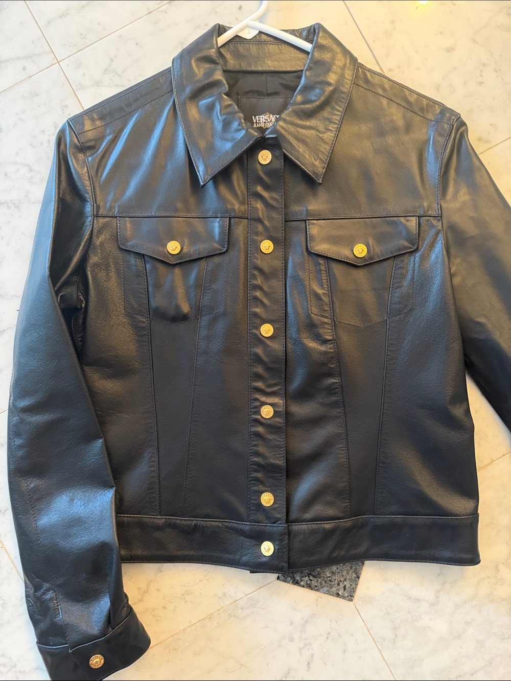 Versace Jeans Couture Black Leather Jacket w/ Gold Buttons
